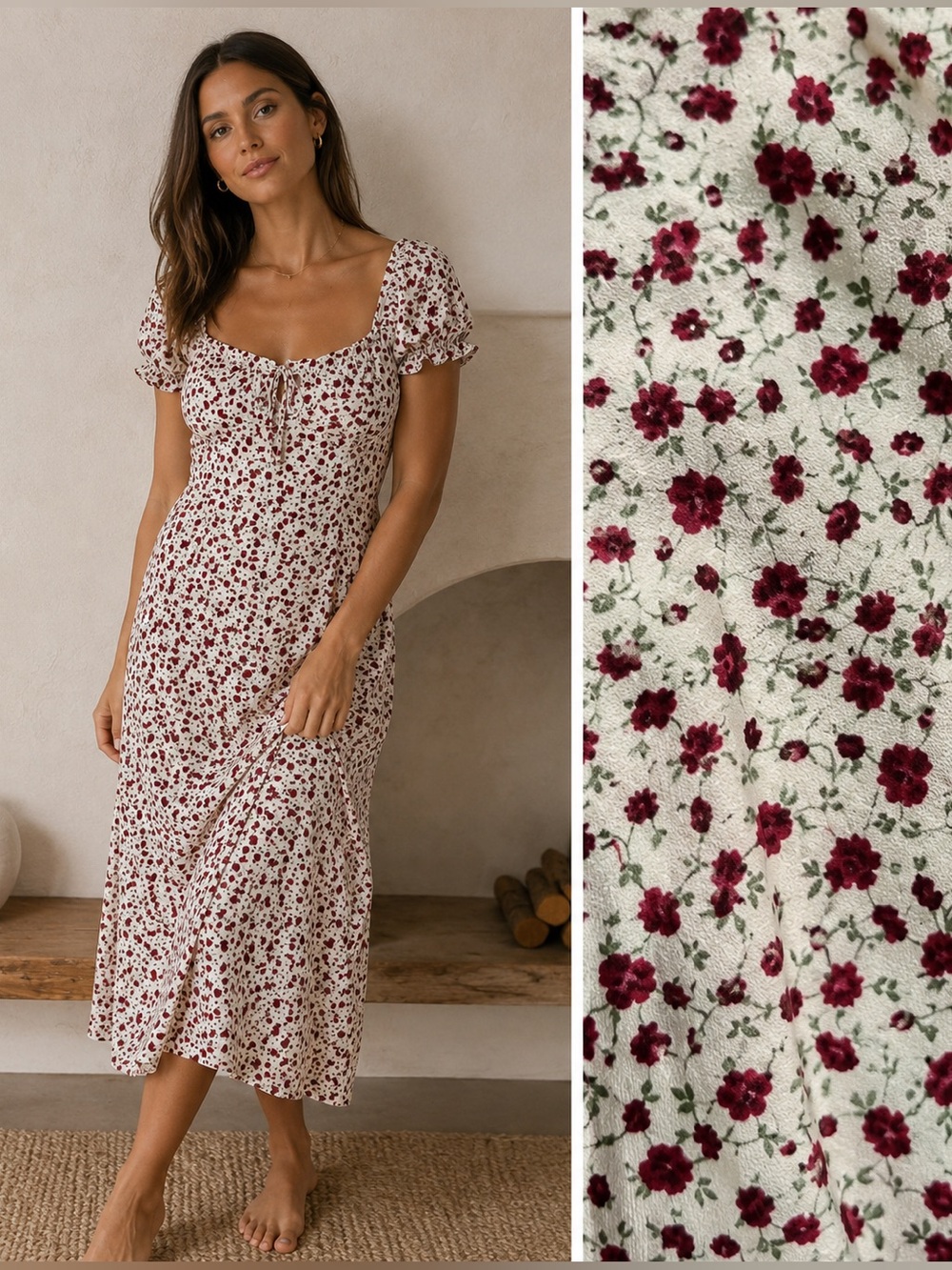 Trixxi White Midi Dress with Burgundy Floral Print
